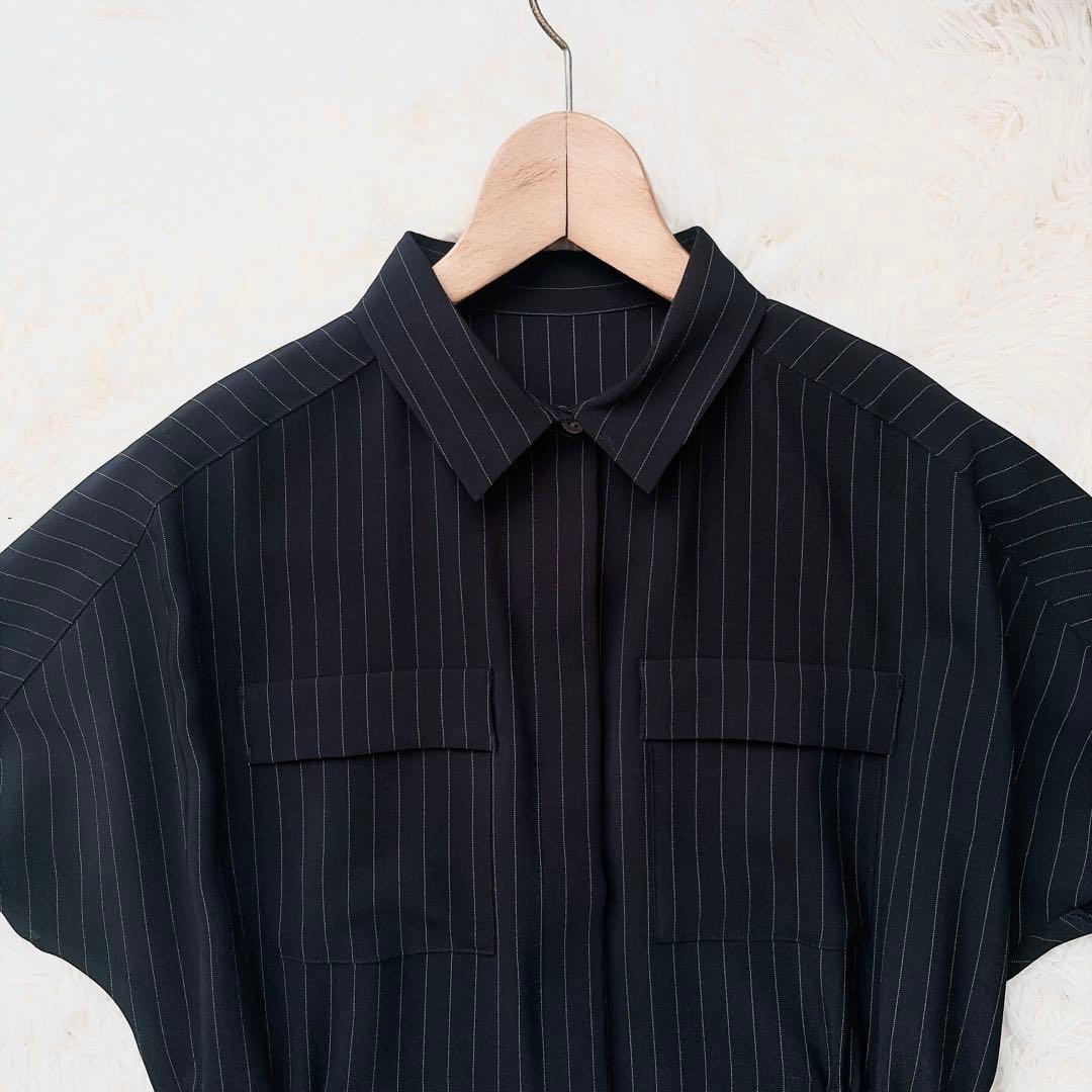 SOEJU ソージュ　ストライプシャツワンピース　ギャザー　ブラック　フレア