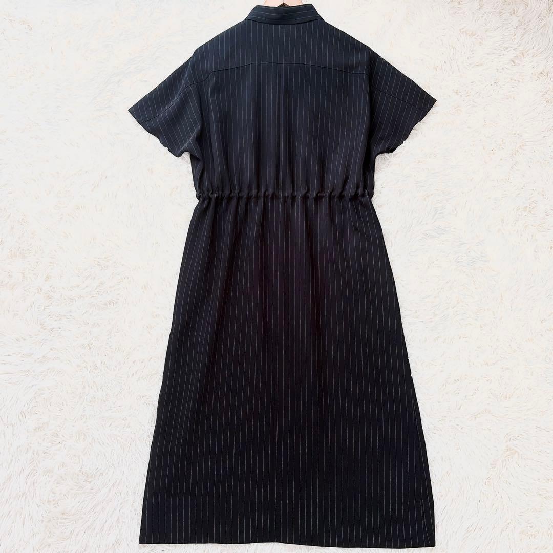 SOEJU ソージュ　ストライプシャツワンピース　ギャザー　ブラック　フレア