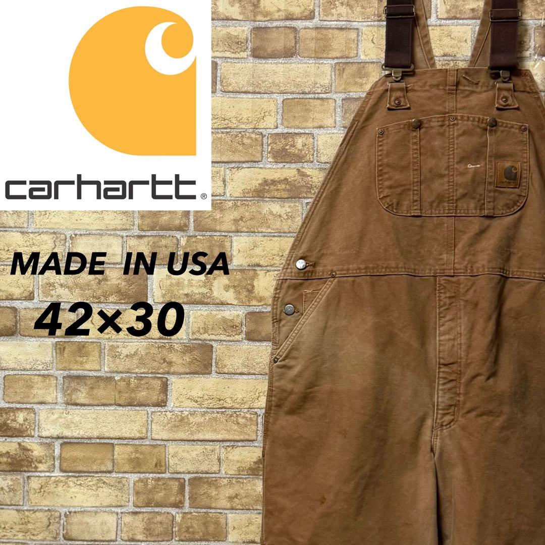 カーハートUSA製　ダック地オーバーオール　ダブルニー　ダークブラウン42/30