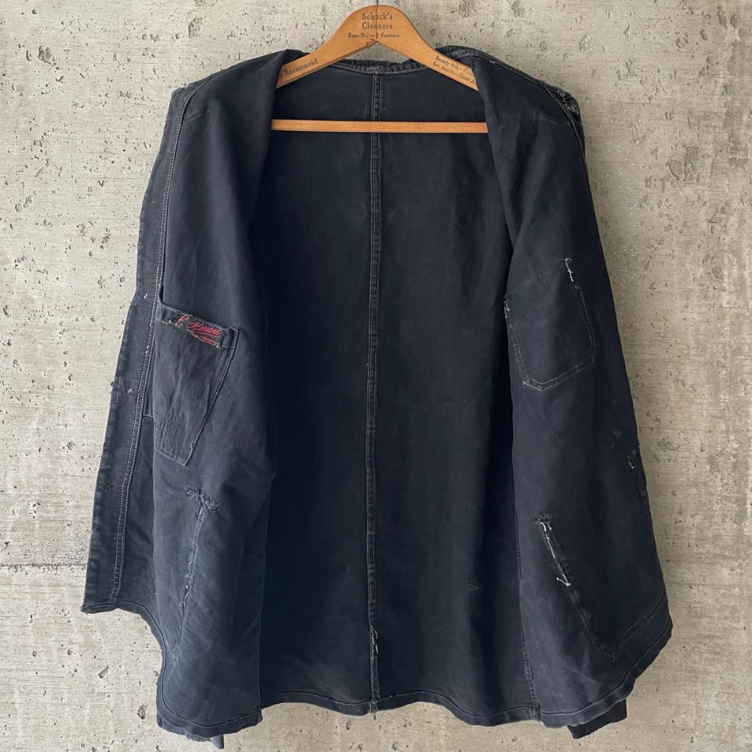 40s ブラックモールスキン ジャケット フランスヴィンテージ Vポケ 赤刺繍