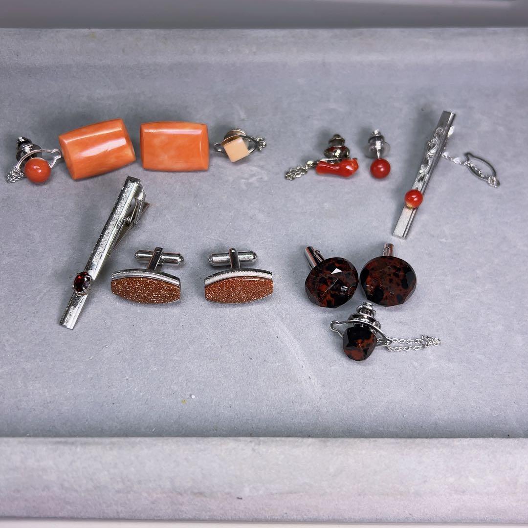 薔*薇様 豪華 珊瑚 ネクタイピン カフス セット 銀製 刻印 赤珊瑚 金石 紳