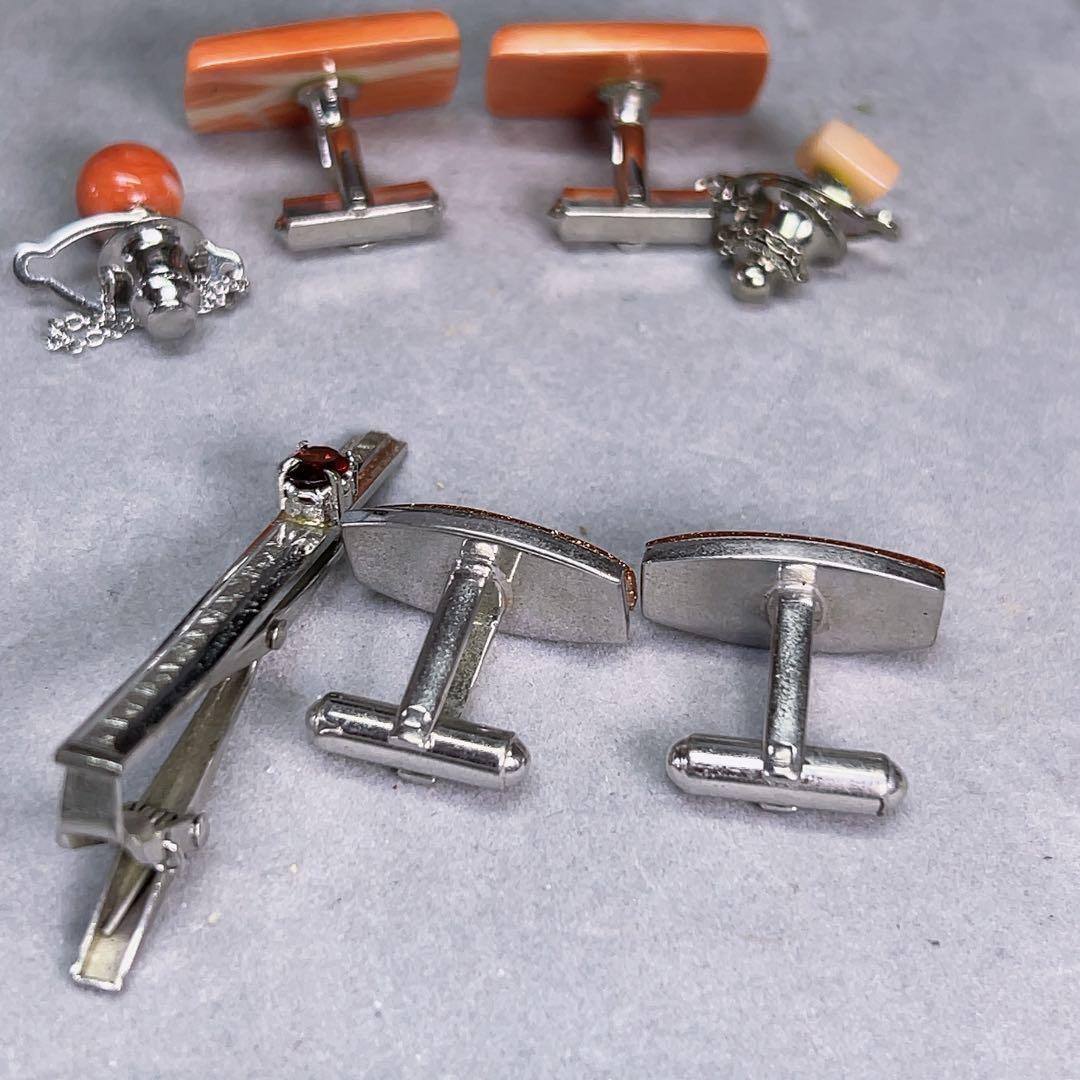 薔*薇様 豪華 珊瑚 ネクタイピン カフス セット 銀製 刻印 赤珊瑚 金石 紳