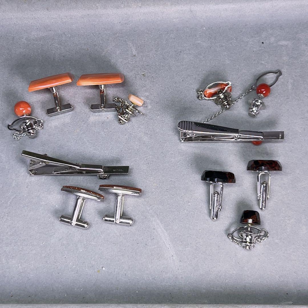 薔*薇様 豪華 珊瑚 ネクタイピン カフス セット 銀製 刻印 赤珊瑚 金石 紳