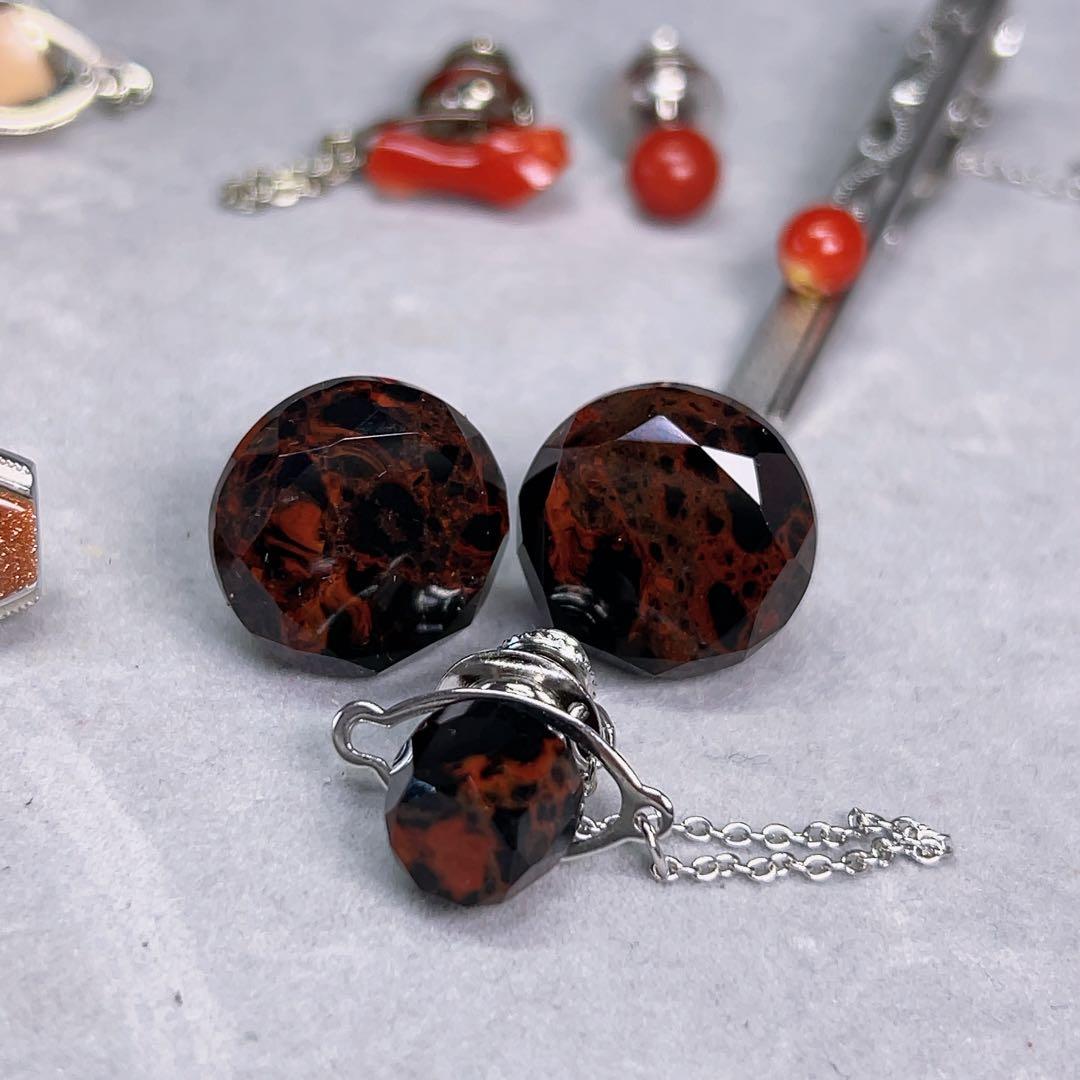 薔*薇様 豪華 珊瑚 ネクタイピン カフス セット 銀製 刻印 赤珊瑚 金石 紳