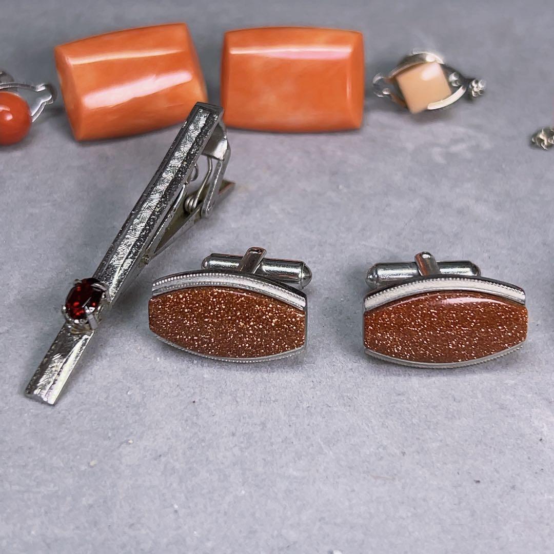 薔*薇様 豪華 珊瑚 ネクタイピン カフス セット 銀製 刻印 赤珊瑚 金石 紳