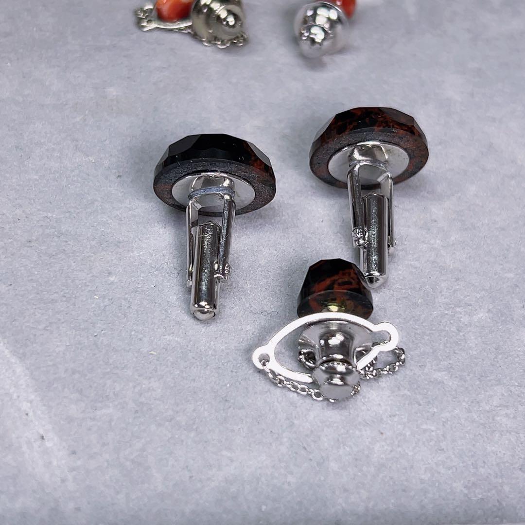 薔*薇様 豪華 珊瑚 ネクタイピン カフス セット 銀製 刻印 赤珊瑚 金石 紳