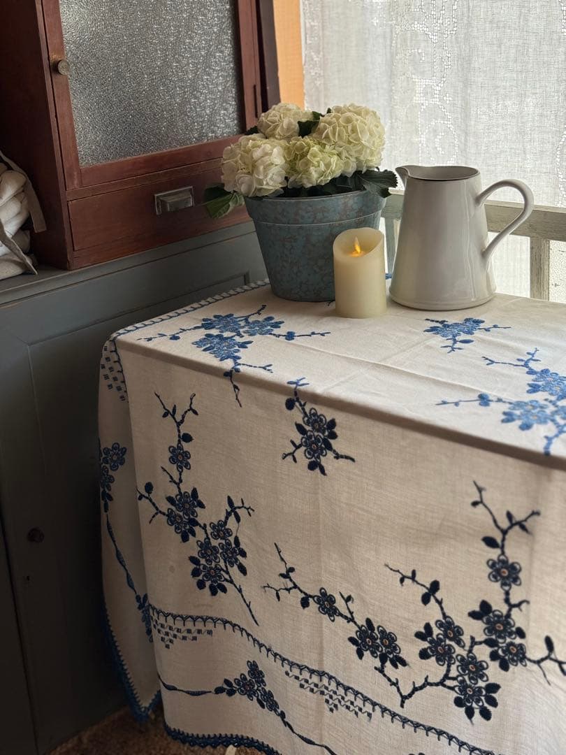 お客ஐ⋆*フランスアンティーク・ブルーの花柄刺繍とレースの大判クロス