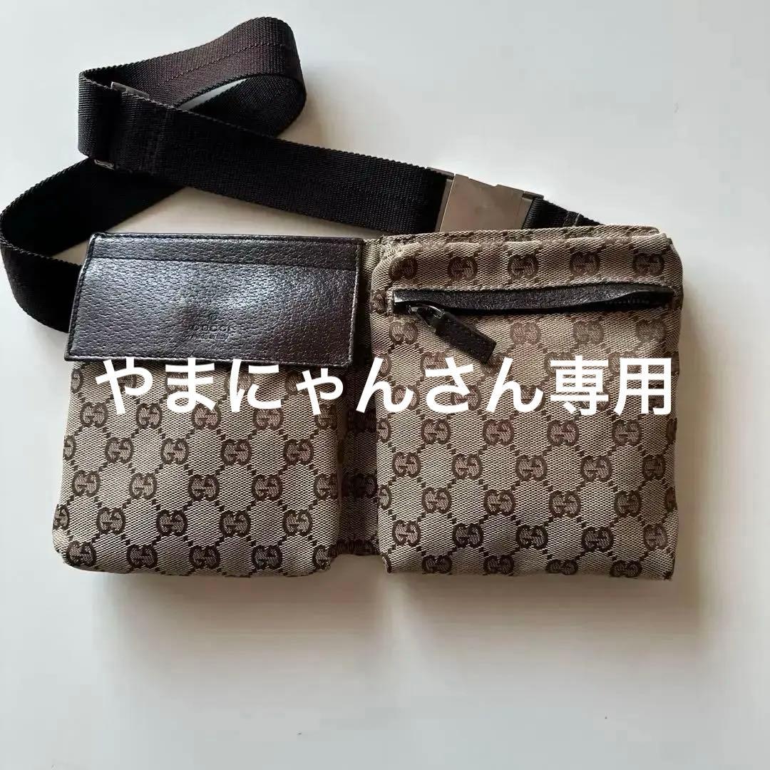 GUCCIボディバッグ GG キャンバス レザー ウエストポーチ ブラウン