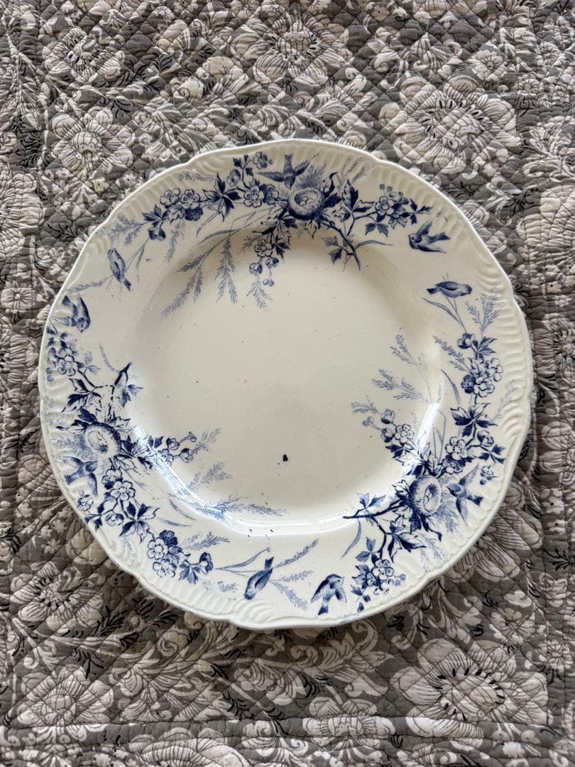 フランスアンティーククレイユモントローlinotteブルーレリーフプレート.b