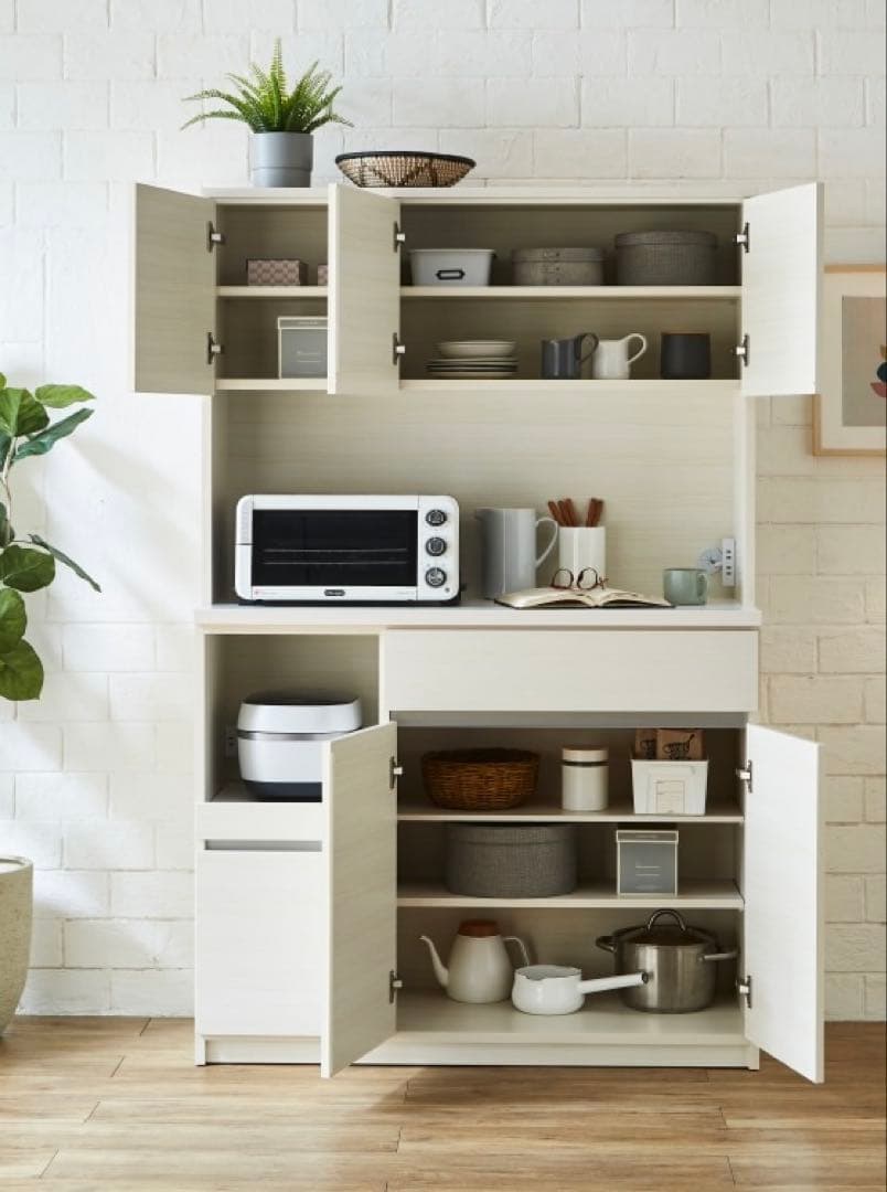 超美品 国産大川家具 キッチンボード 木目調グレー 食器棚 幅115cm