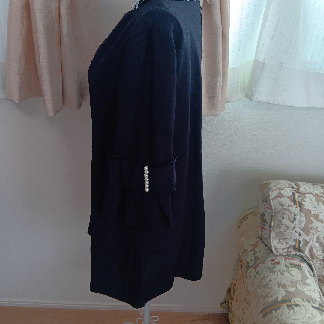 TO BE CHIC44 ネイビー 五分袖チュニックリボンパールボタン