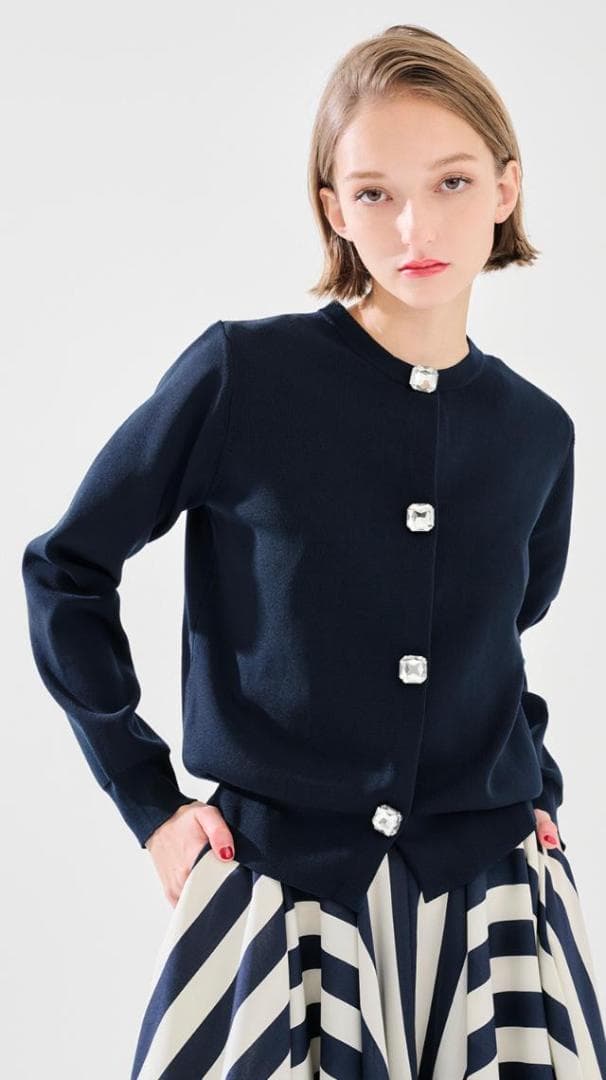 未使用級✨️ JENNE リッチビジューニットカーデ ネイビー S 上品 華やか