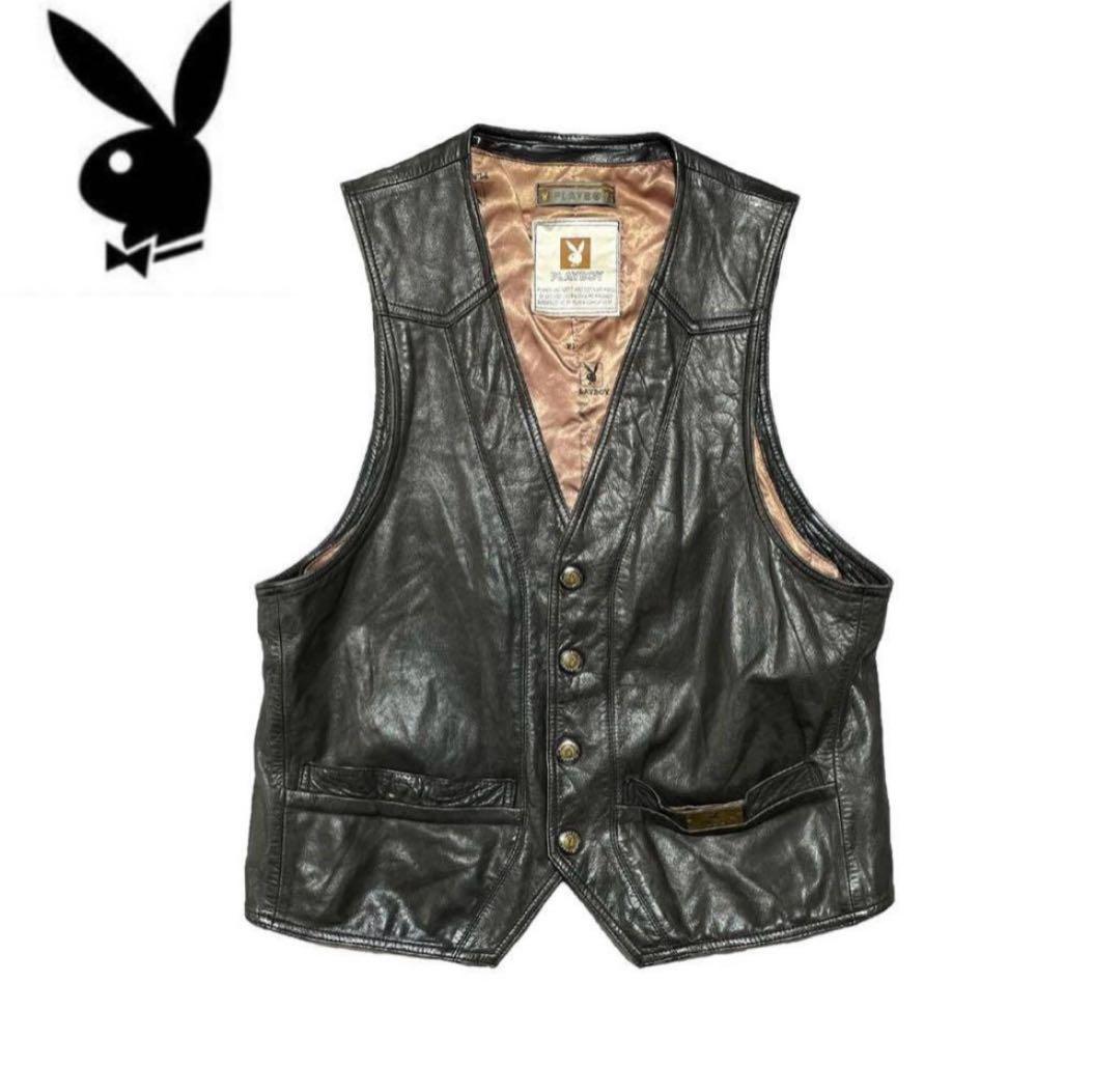 ヴィンテージ PLAYBOY プレイボーイL本革 レザーベスト ブラック山田蓮