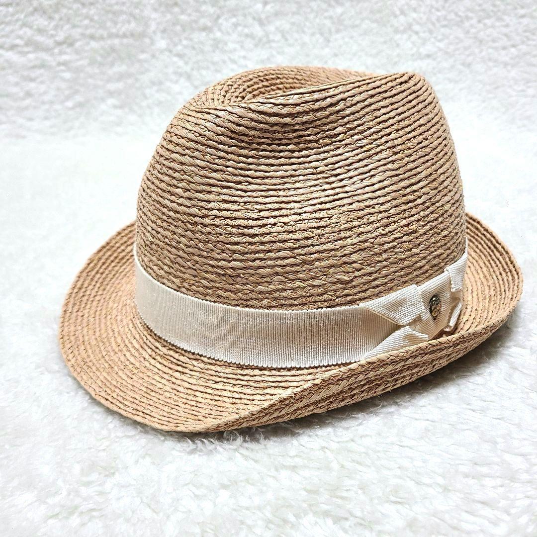【人気】　ヘレンカミンスキー　ハット　中折れ帽　ラフィア　麦わら帽子　リーフ金具