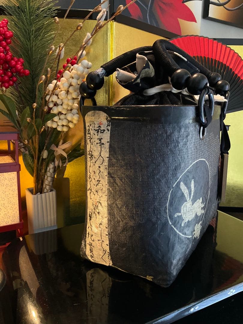 一閑張り　一閑張りバッグ　古文書　和紙　兎　月兎　大正　和本　歌集　着物