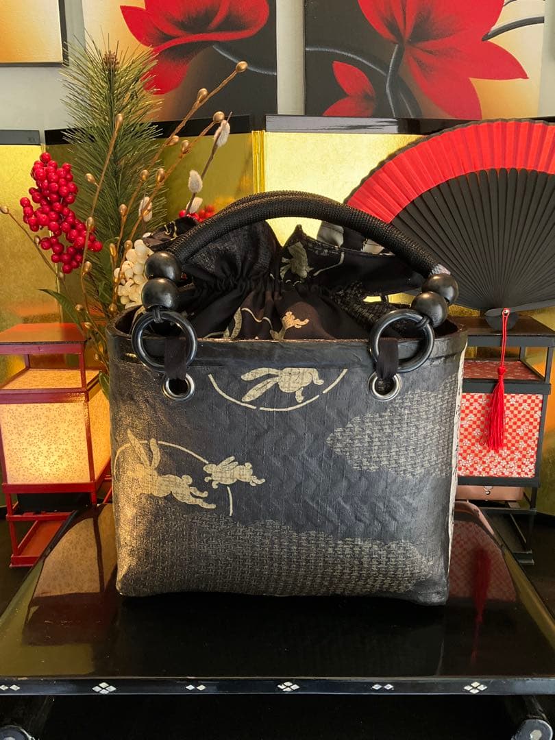 一閑張り　一閑張りバッグ　古文書　和紙　兎　月兎　大正　和本　歌集　着物