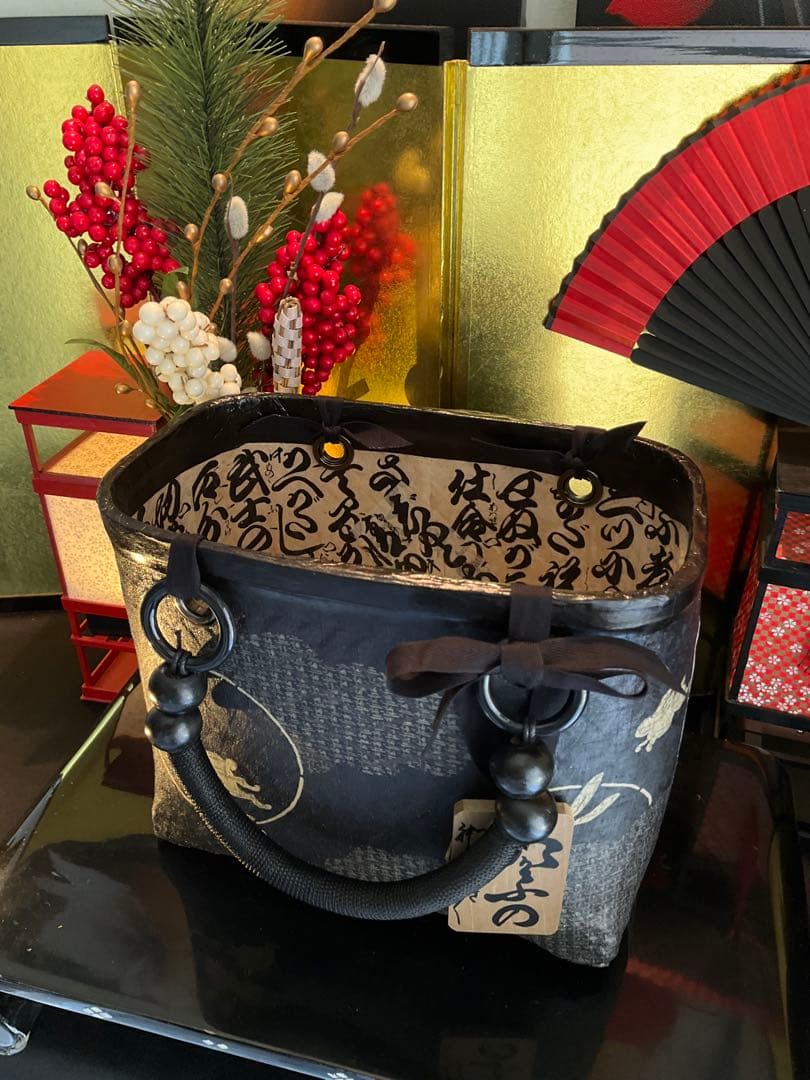 一閑張り　一閑張りバッグ　古文書　和紙　兎　月兎　大正　和本　歌集　着物