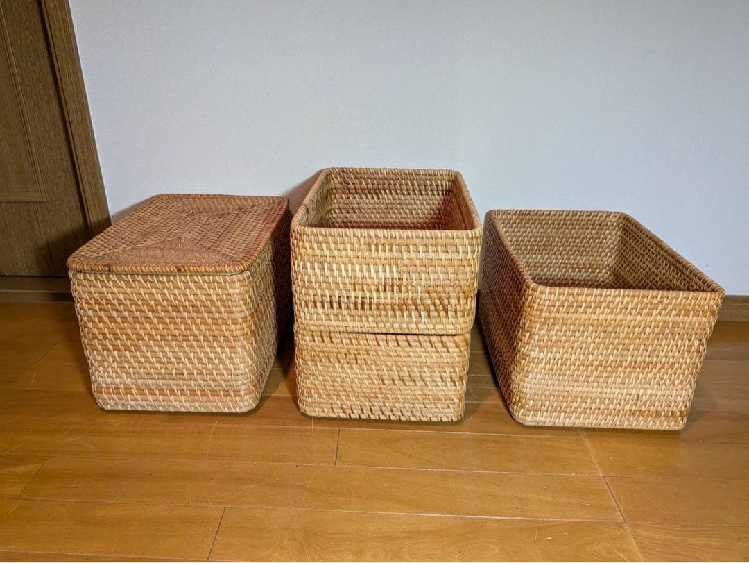 ■送料込■無印良品 重なるラタン長方形バスケット ラタンカゴ インサート収納