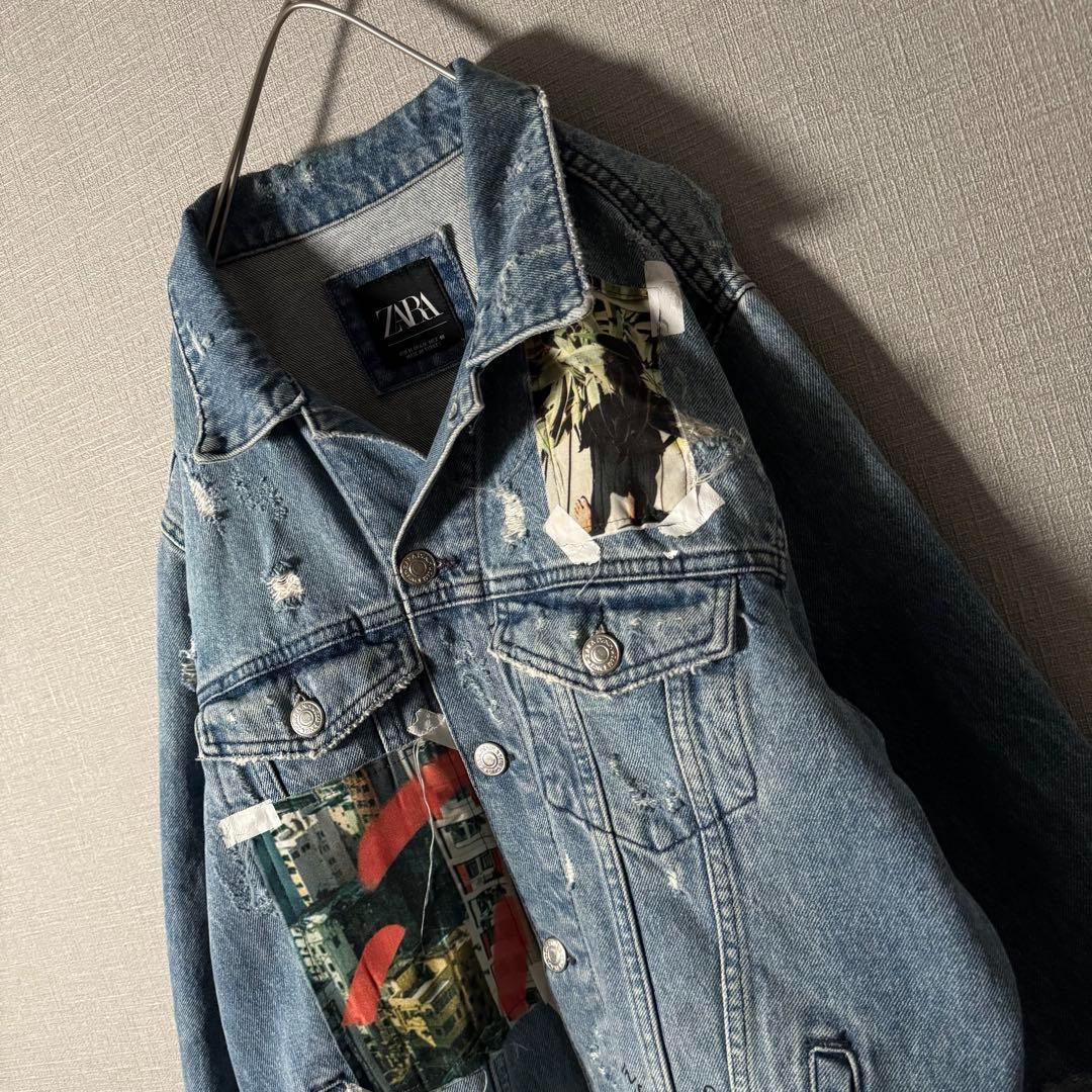 超個性的★ZARA ザラ デニムジャケット アートデザイン ダメージ加工 M 青