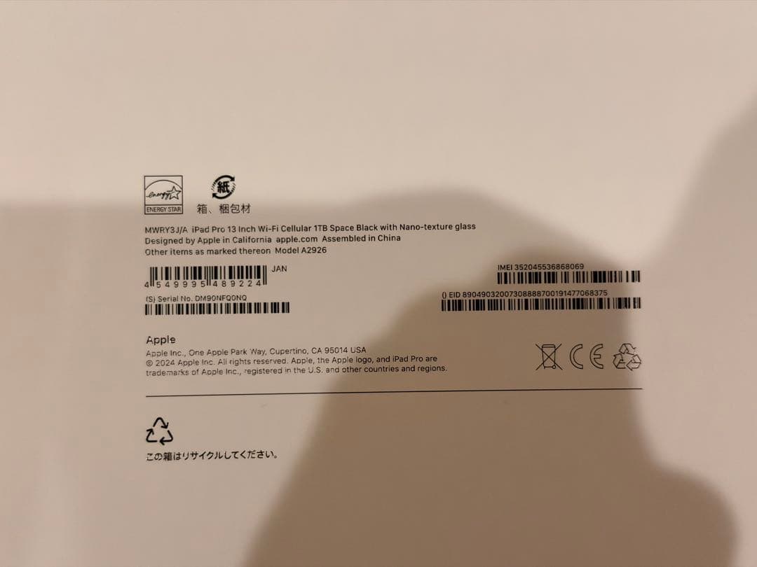 iPad Pro M4 13インチ Cellular Nano 1TB