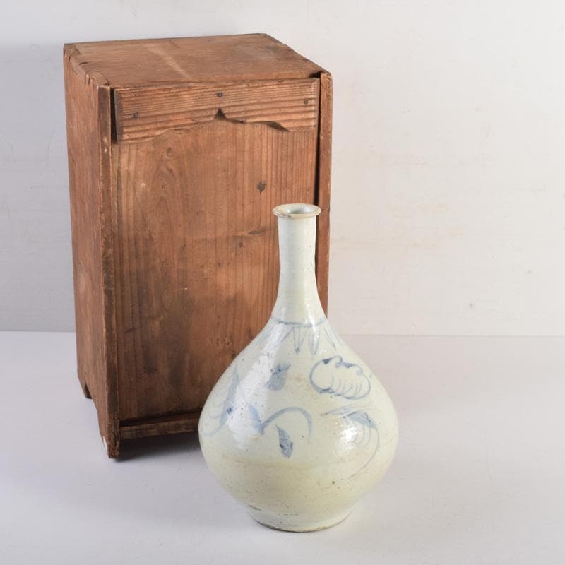 朝鮮美術　李朝　高麗白磁　染付　花草文　細口瓶　花瓶　時代箱付　V　8286A