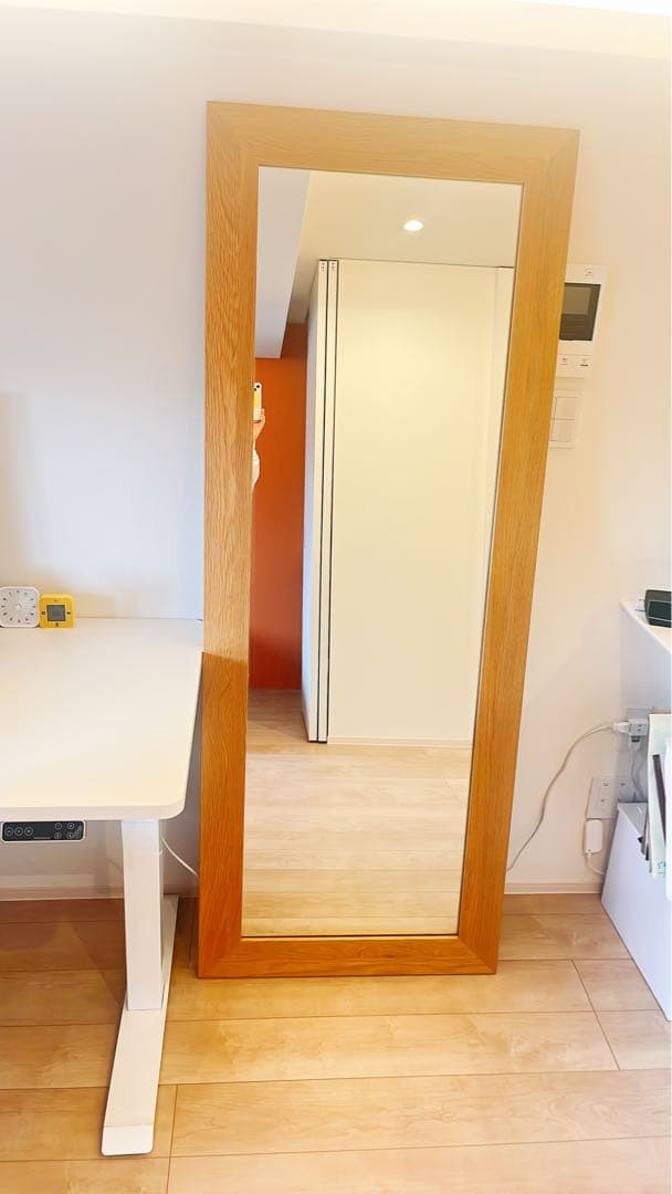 ワイドミラー　チーク　無垢　スタンドミラー　無垢材