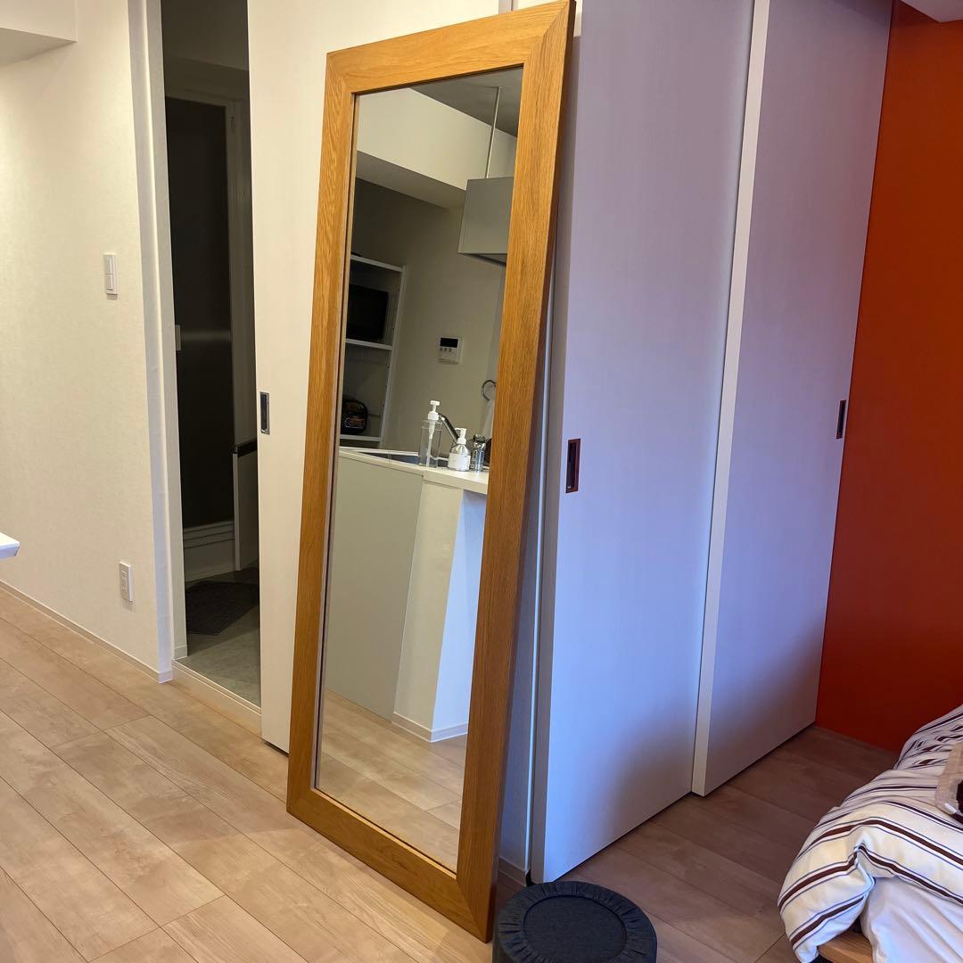 ワイドミラー　チーク　無垢　スタンドミラー　無垢材