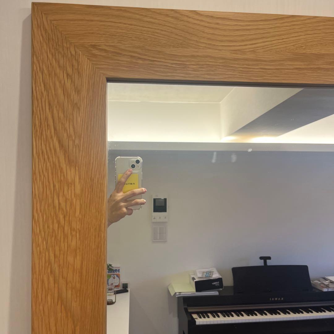 ワイドミラー　チーク　無垢　スタンドミラー　無垢材