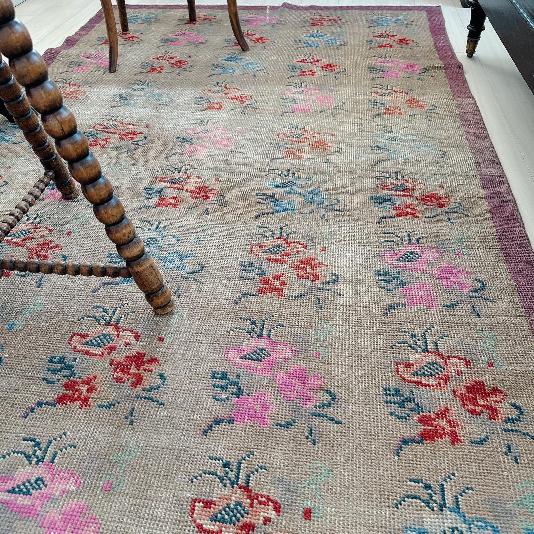 トルコヴィンテージラグ A73 大判 高級 レア グレージュ ピンク ブルー