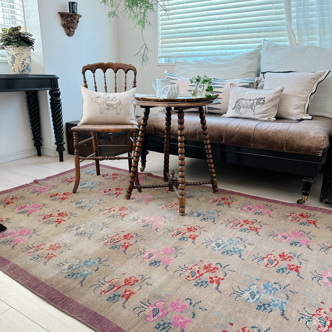 トルコヴィンテージラグ A73 大判 高級 レア グレージュ ピンク ブルー