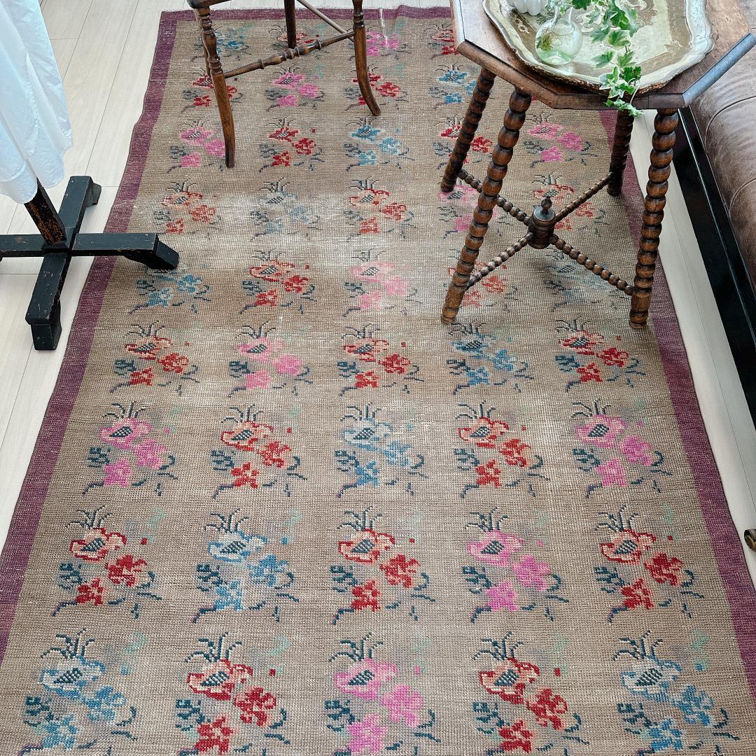 トルコヴィンテージラグ A73 大判 高級 レア グレージュ ピンク ブルー