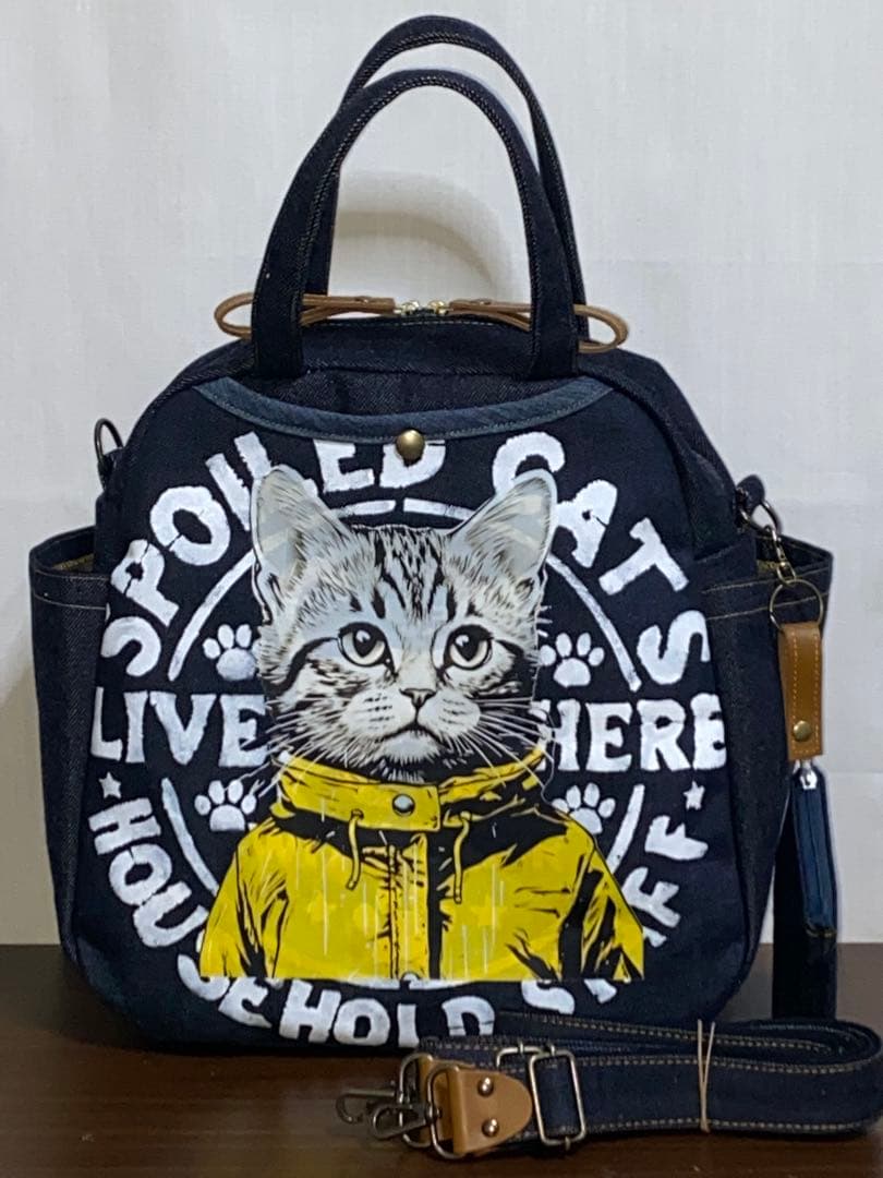 ☆岡山デニム☆ステンシル☆トラネコ☆リュック対応☆4wayボストンバッグ