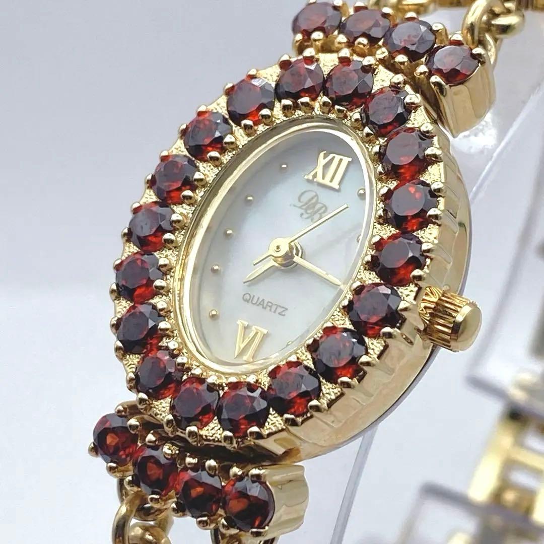 希少　D.M Buxton ホワイトシェル文字盤 ガーネット装飾 ブレスウォッチ