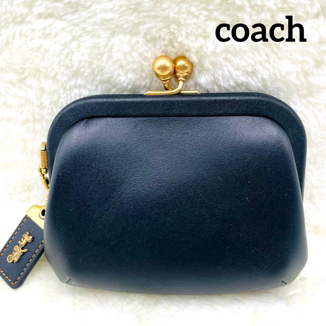 美品 希少 コーチ キスロック がま口 ケース ブラック レザー ゴールド