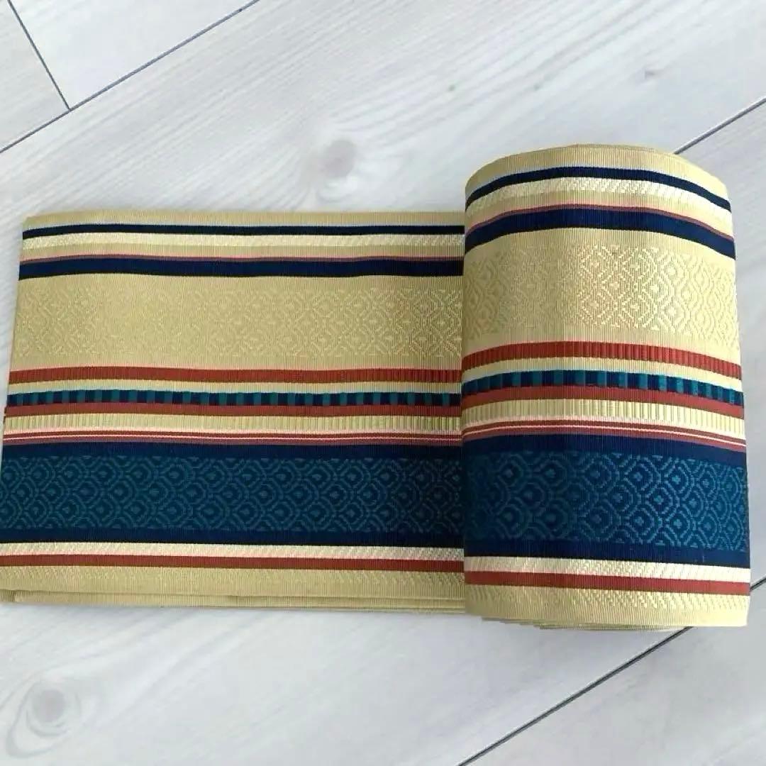 本場筑前博多織　半幅帯　縞模様　織り出し　正絹　タグ付　青海波　No.1-22