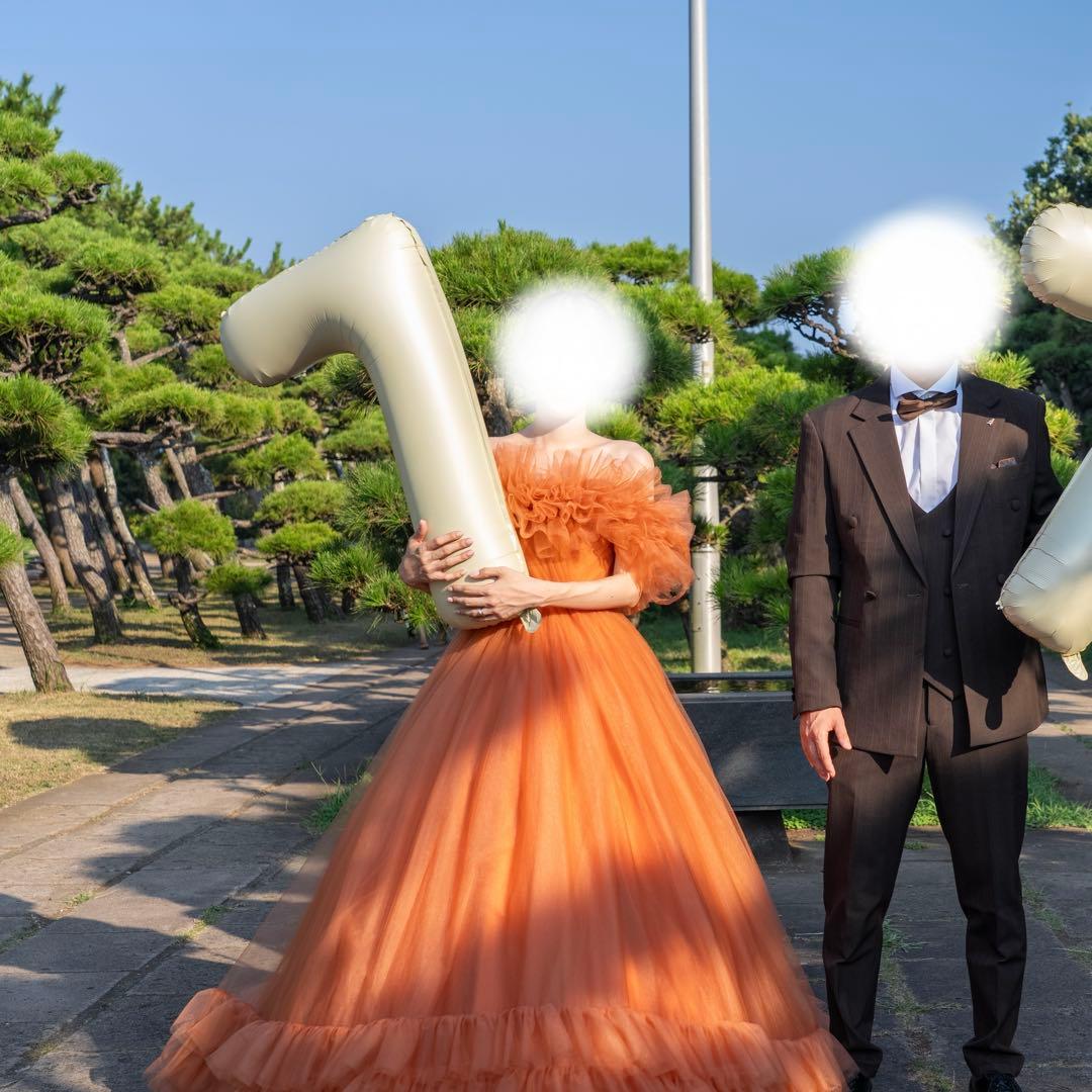 オレンジ フリル カラードレス イサムモリタ風