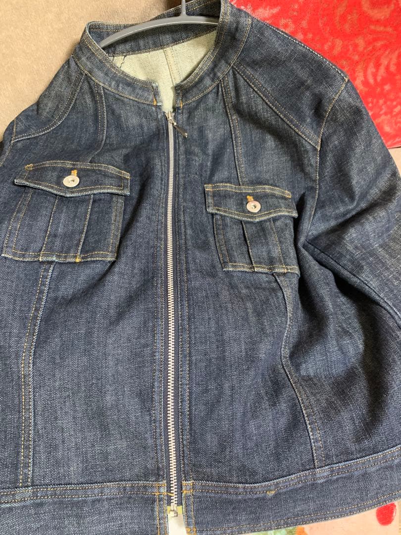 自由区★大きなサイズ　ジップアップノーカラーデニムジャケット48 オンワード樫山