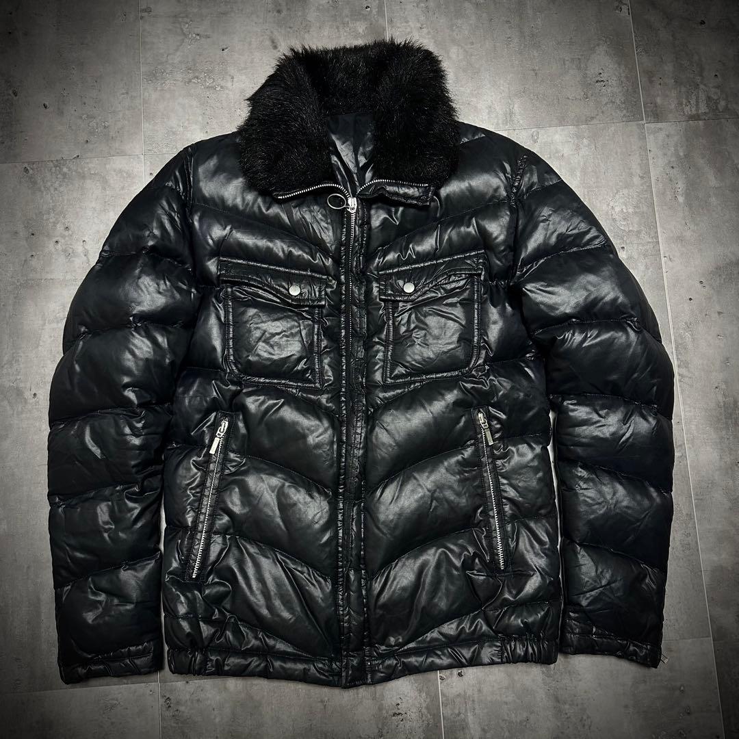 00s Y2K archive 光沢 ファー ダウン ライダースジャケット M