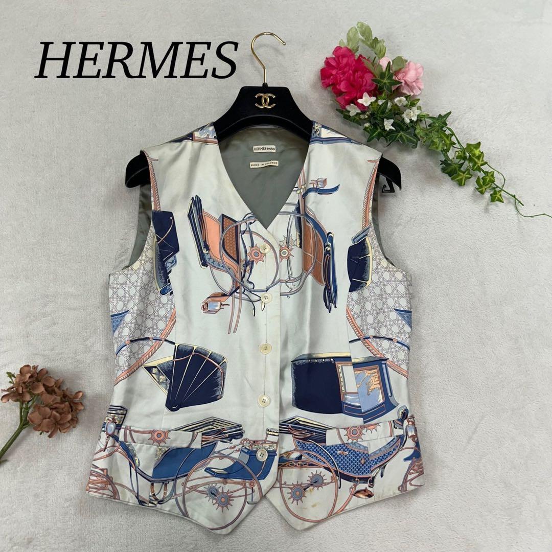 K511 M エルメス スカーフ柄 シルク ベスト マルチカラー レディース