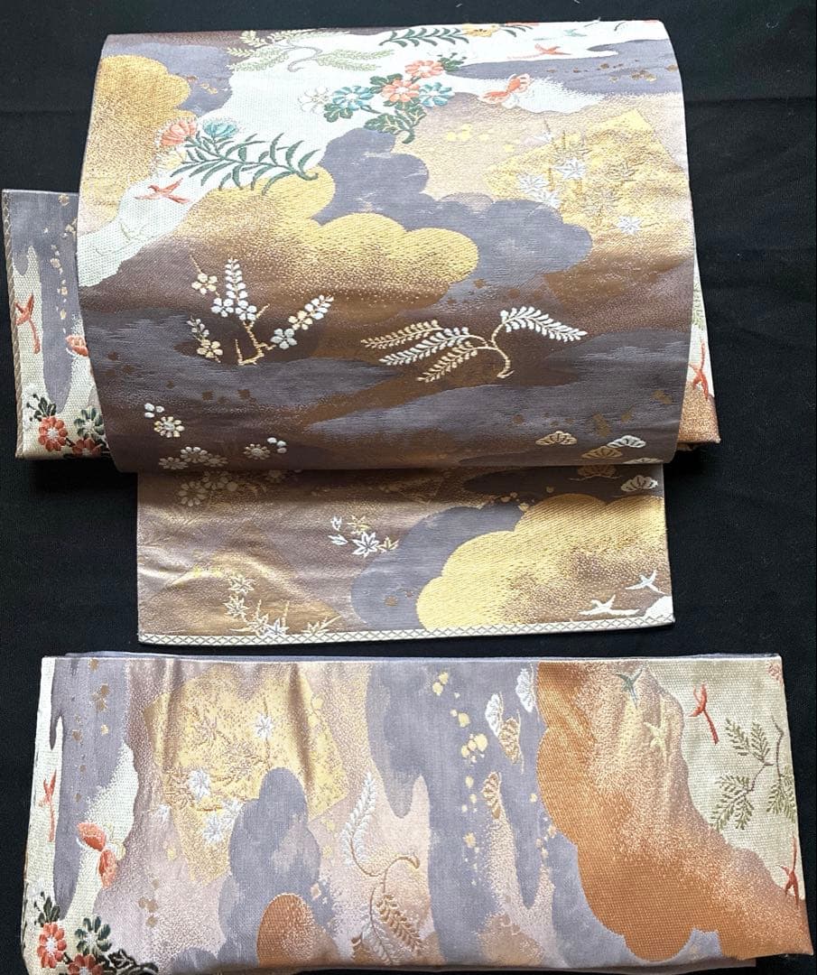 逸品 金 鳥 桜 蝶々 菊 松 正絹 袋帯 二重太鼓 作り帯