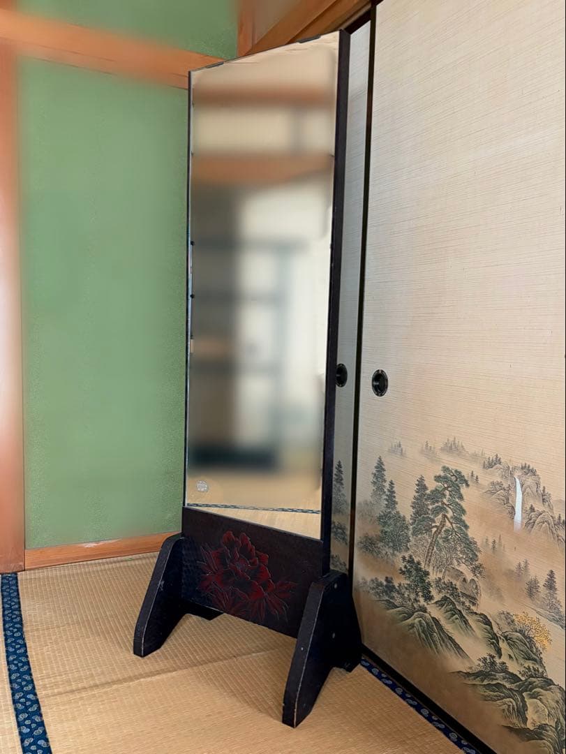 鎌倉彫り　姿見　鏡　スタンドミラー　昭和レトロ　アンティーク