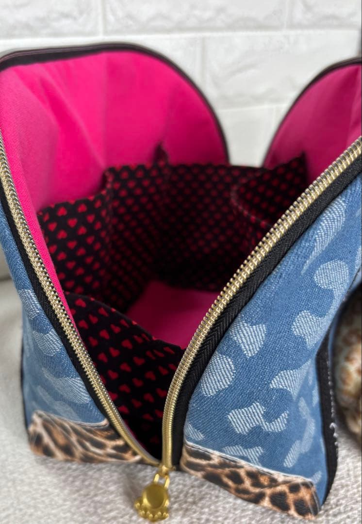 黒*こ様 コヤンイサムチョン　シェル型バッグ　ヒョウ柄ねこちゃん　ヒョウ柄デニム