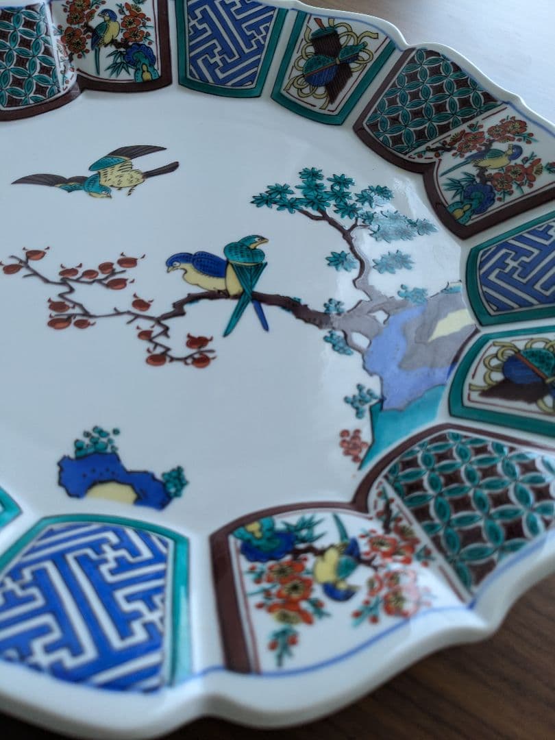 【九谷焼】10号盛皿(32cm) 古九谷 松月　花鳥 美品
