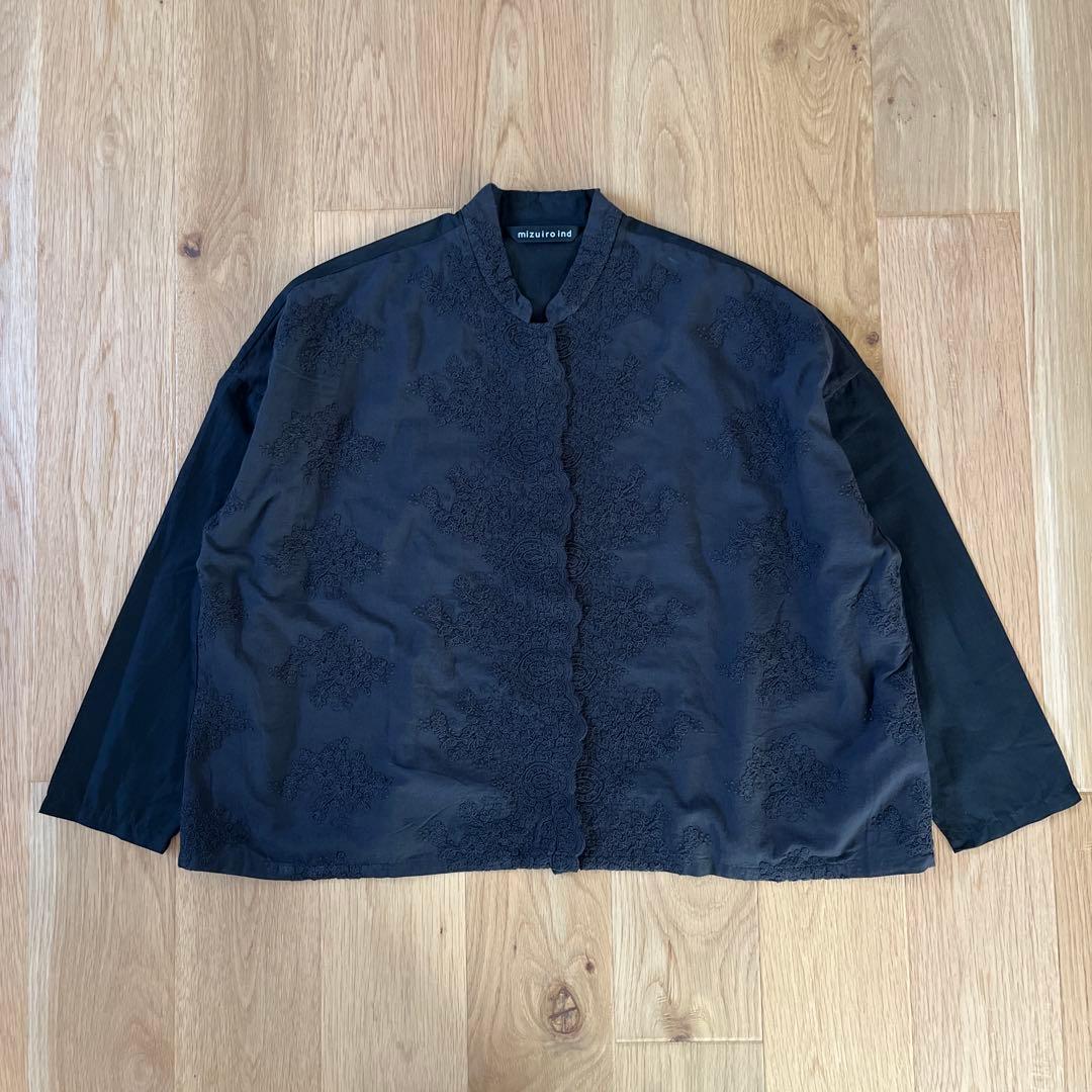 ミズイロインド　mizuiro ind レーススタンドカラーワイドシャツ 黒