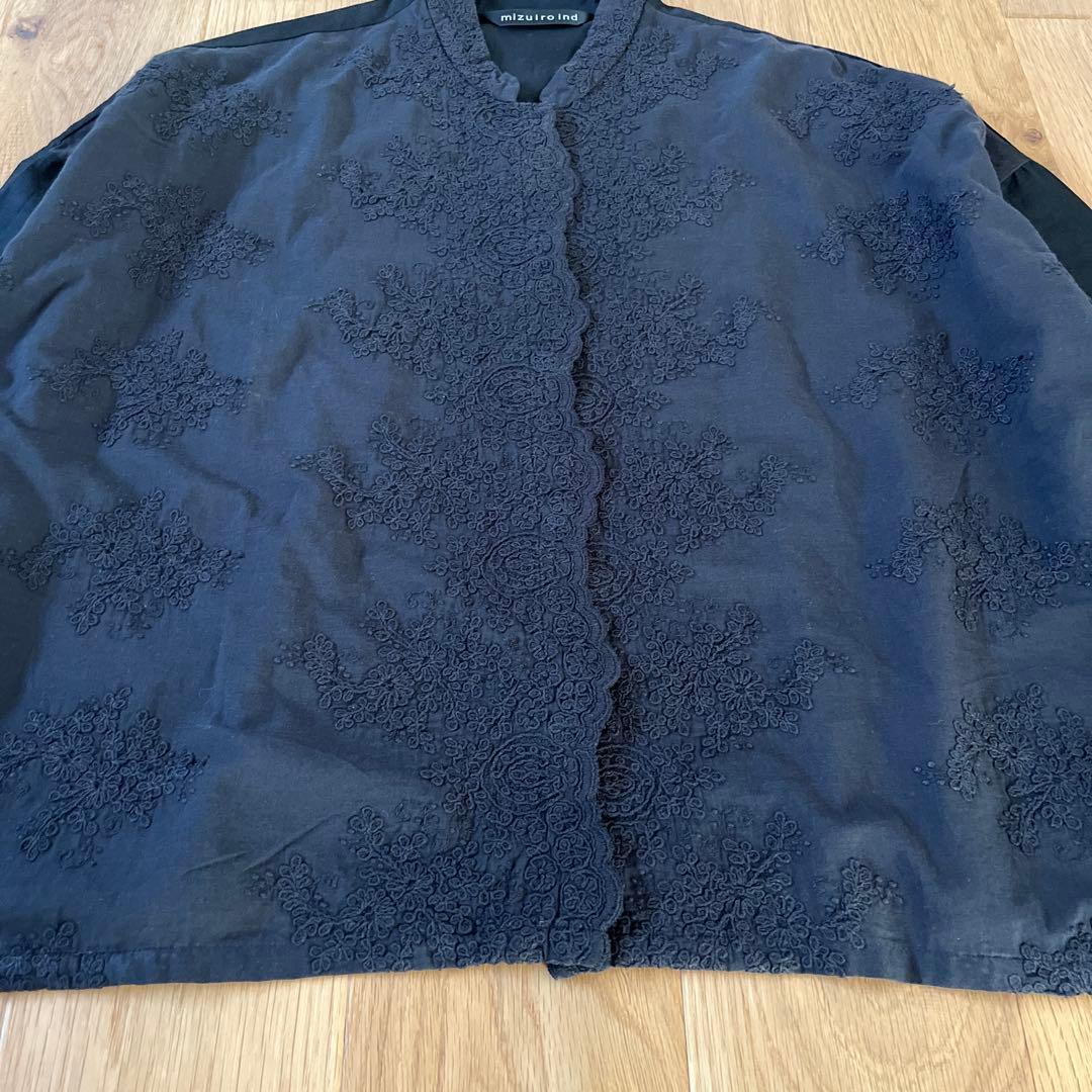 ミズイロインド　mizuiro ind レーススタンドカラーワイドシャツ 黒