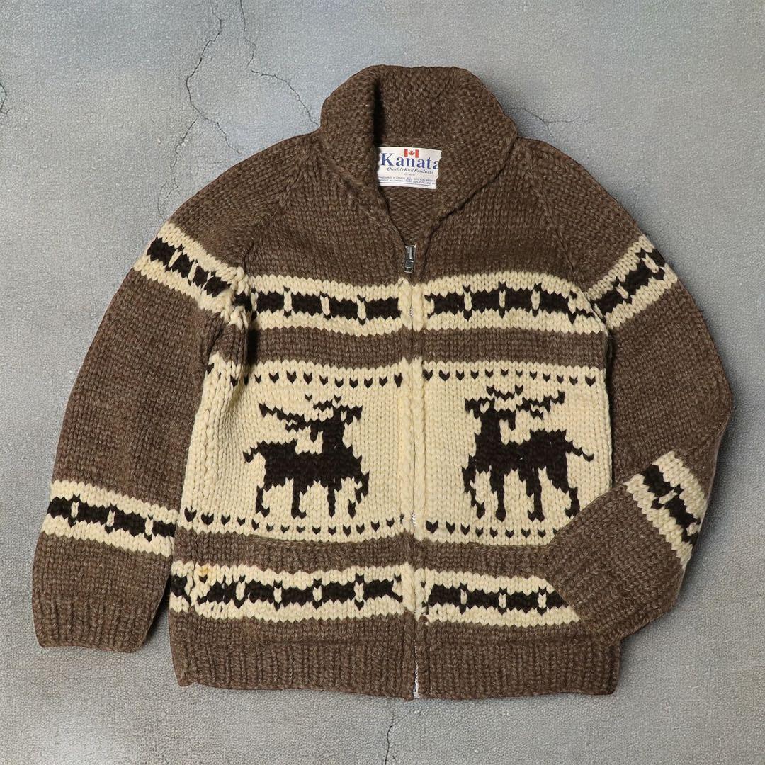L★KANATA★カウチンニット★トナカイ★カナダ製★カーディガン★ブラウン