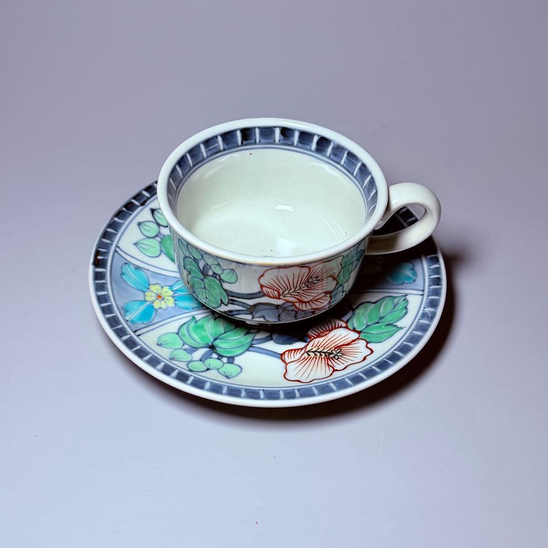 五代　佐藤走波　七十五才　染錦牡丹文カップ＆ソーサー　コレクター放出品