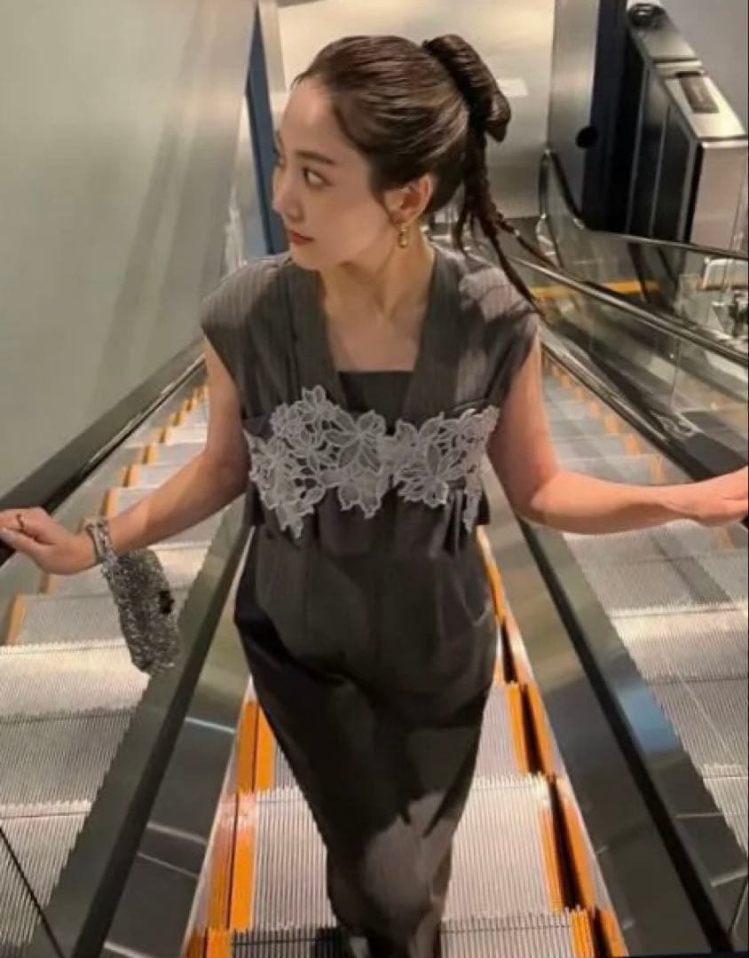 cheeel★グレー レース装飾 ロングドレス