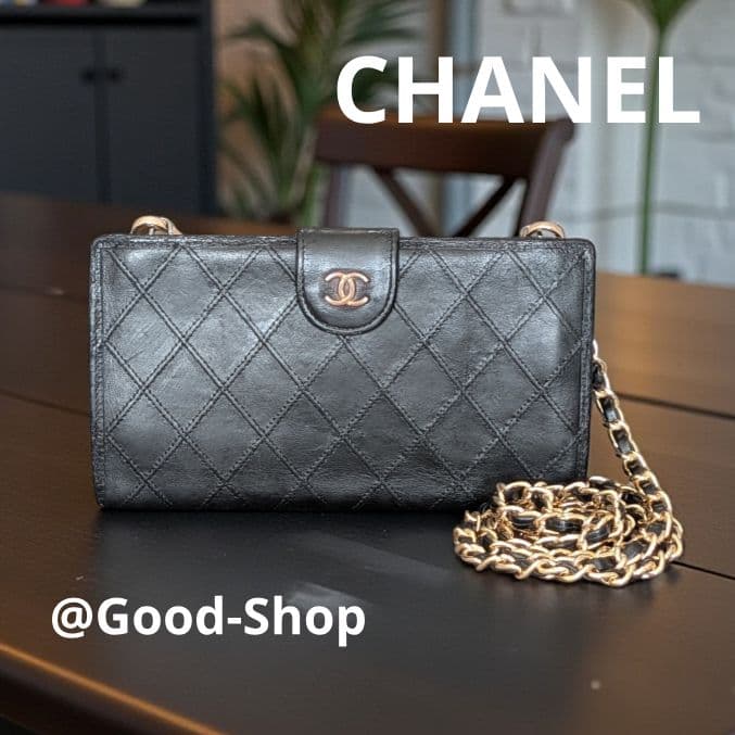 シャネル　ビコローレ　がま口長財布　黒　ラムスキン　チェーンウォレット