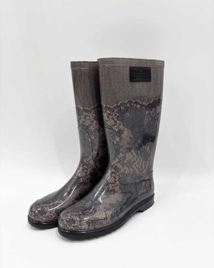 【VALENTINO】レインブーツ　ブラック　ベージュ　レース柄　38サイズ